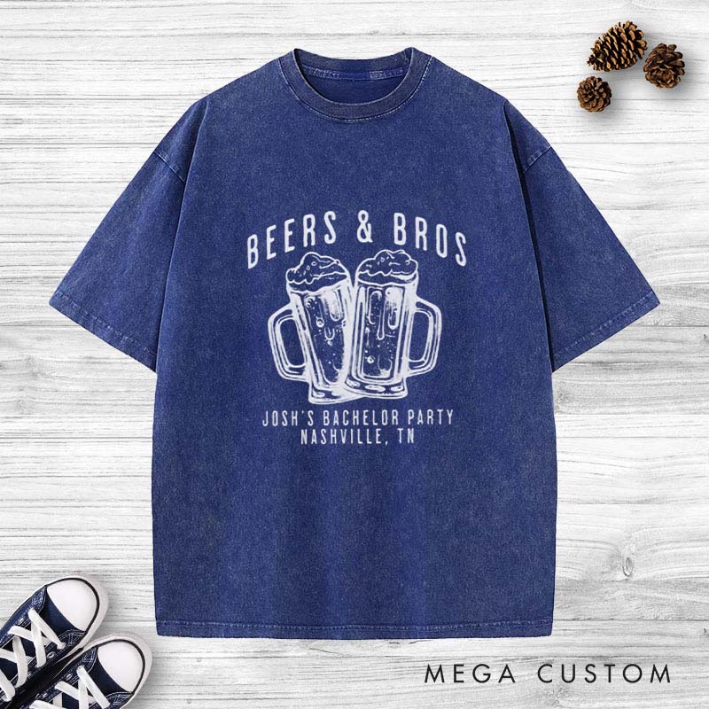 Personalized BEERS & BROS Washed T-Shirt Groom Groomsmen Cheers Beers Wedding T-Shirt Beer-Themed Washed T-Shirts for Best Man