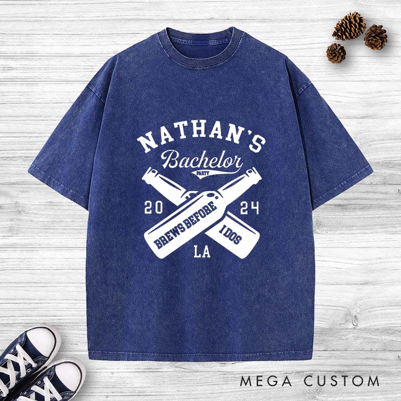 Personalized Brews Before I Dos Groom Washed T-Shirt Groom Wedding Party T-Shirt Retro Groomsman y2k Washed T-Shirts for Best Man