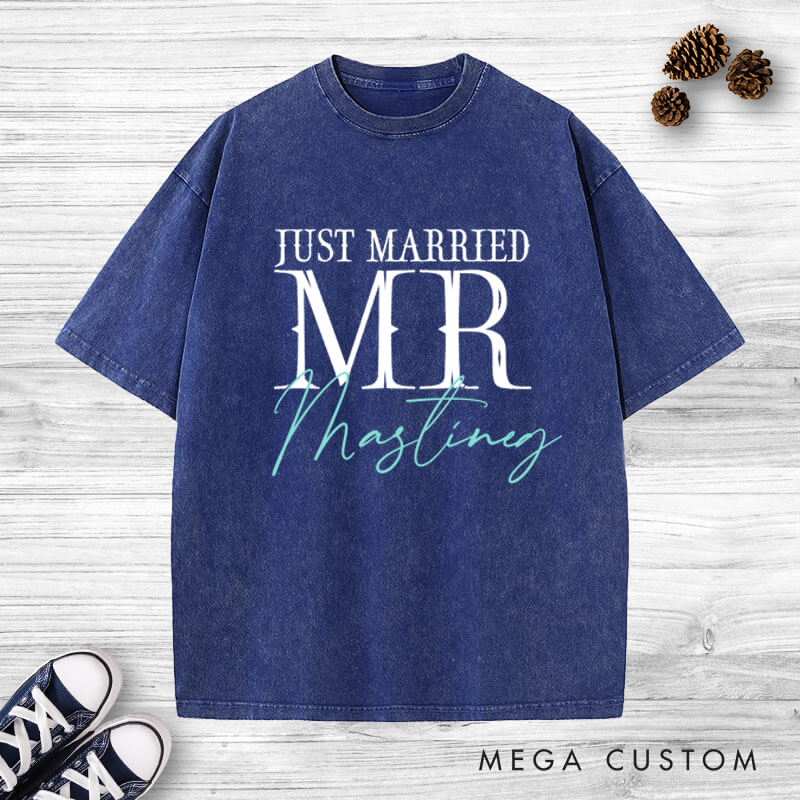 Personalized Modern Just Married Mr and Mrs Matching Wedding Couple Washed T-Shirt
