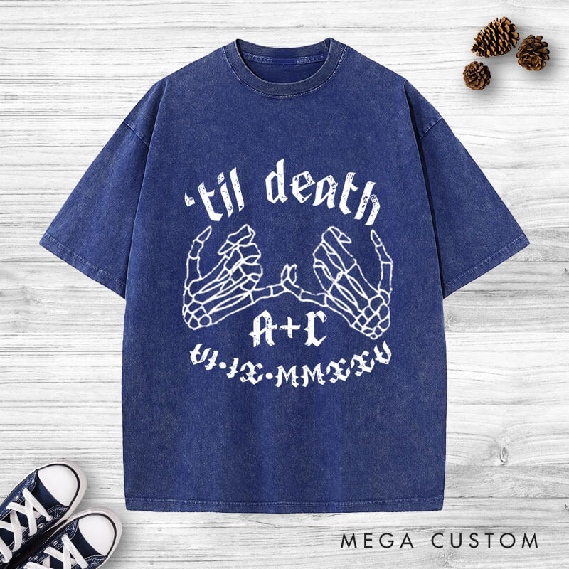 Personalized 'Til Death Skeleton Finger Hooks with Initials and Dates Matching Wedding Couple Washed T-Shirt
