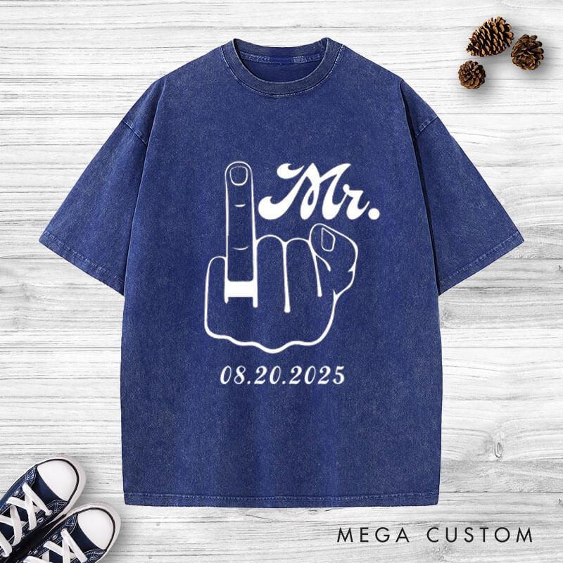 Personalized Funny Gesture Mr and Mrs Matching Wedding Couple Washed T-Shirt