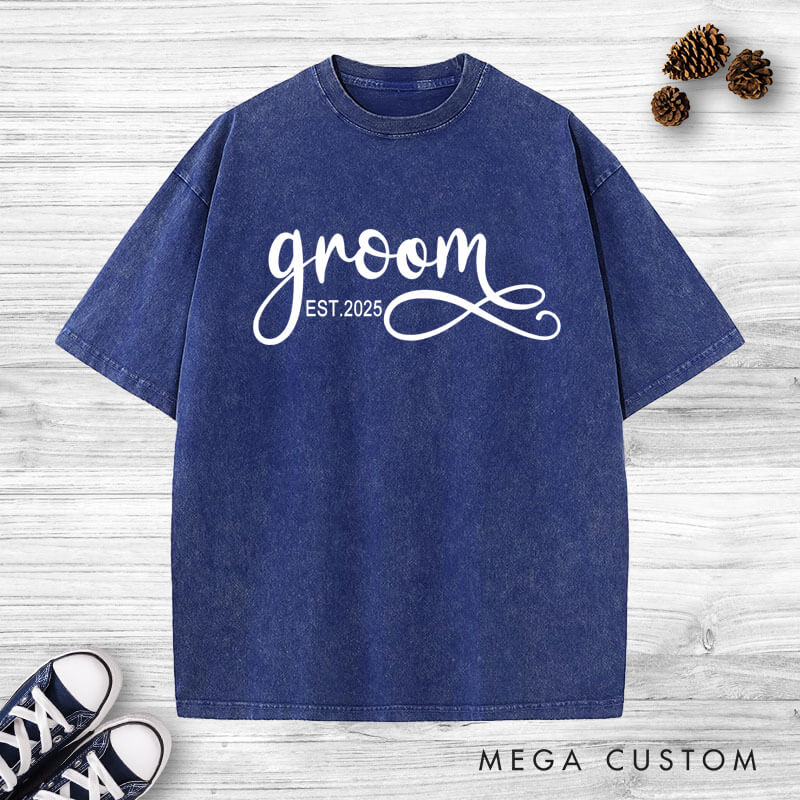 Personalized Elegant Bride and Groom with Year Matching Wedding Couple Washed T-Shirt