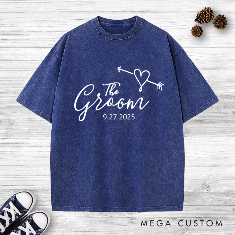 Personalized Romantic The Bride and The Groom with Heart Arrow Matching Wedding Couple Washed T-Shirt