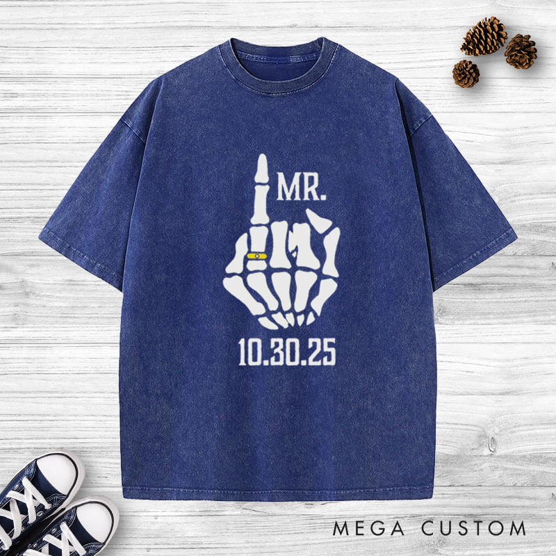 Personalized Funny Gesture Skeleton Mr and Mrs Matching Wedding Couple Washed T-Shirt