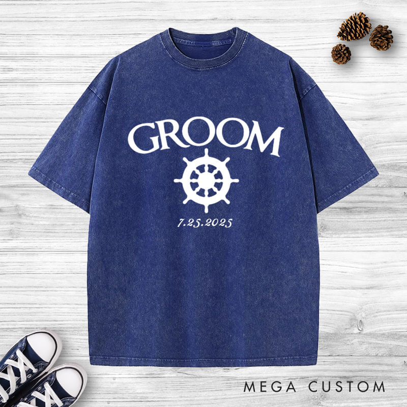 Personalized Elegant Nautical Bride and Groom with Anchor and Helm Matching Wedding Couple Washed T-Shirt