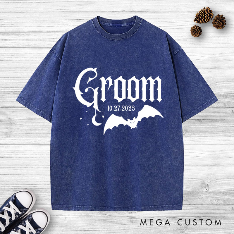 Personalized Halloween-Inspired Gothic Bride and Groom with Bat and Moon Matching Wedding Couple Washed T-Shirt