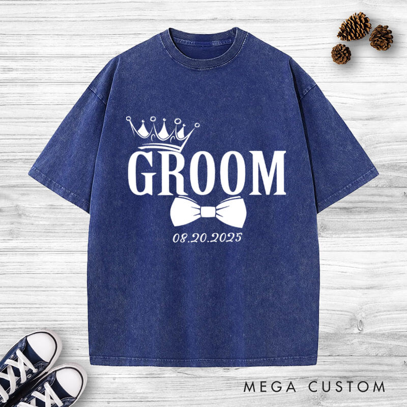 Personalized Regal Bride and Groom with Crowns and Date Matching Wedding Couple Washed T-Shirt