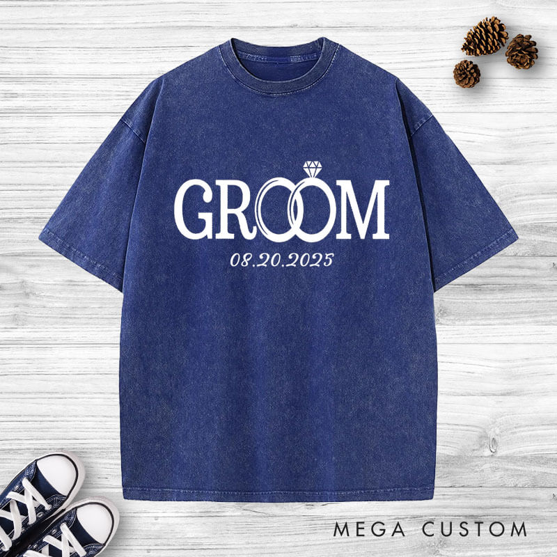 Personalized Elegant Bride and Groom with Rings Matching Wedding Couple Washed T-Shirt