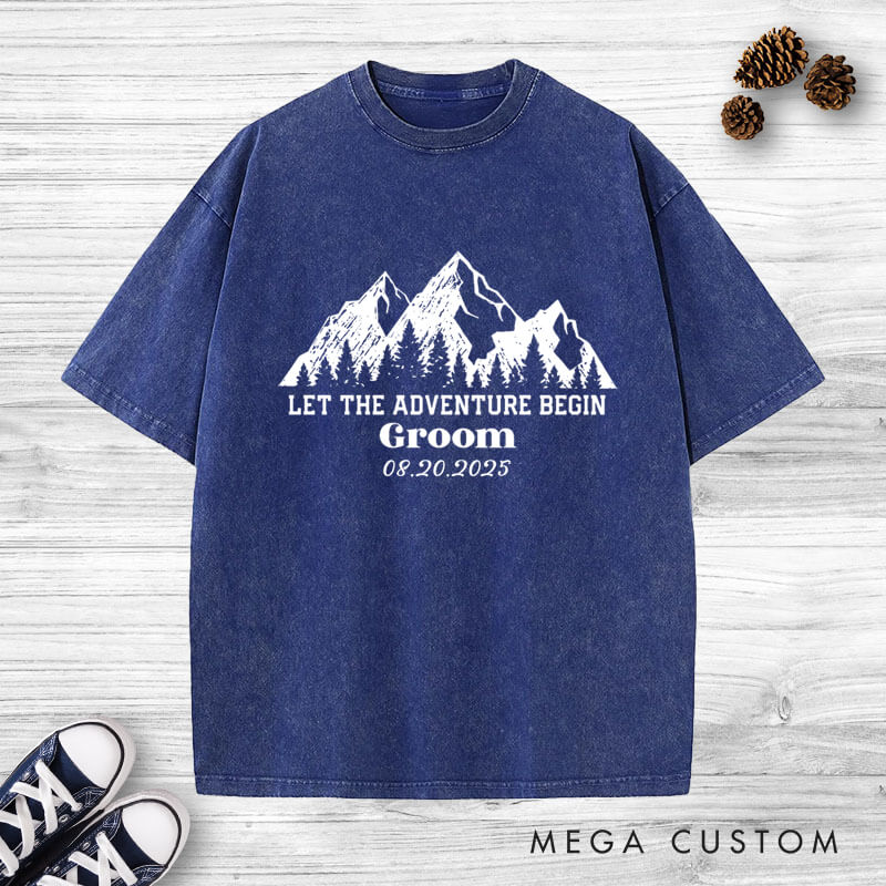 Personalized Rustic Line Mountains Let The Adventure Begin Bride and Groom Matching Wedding Couple Washed T-Shirt