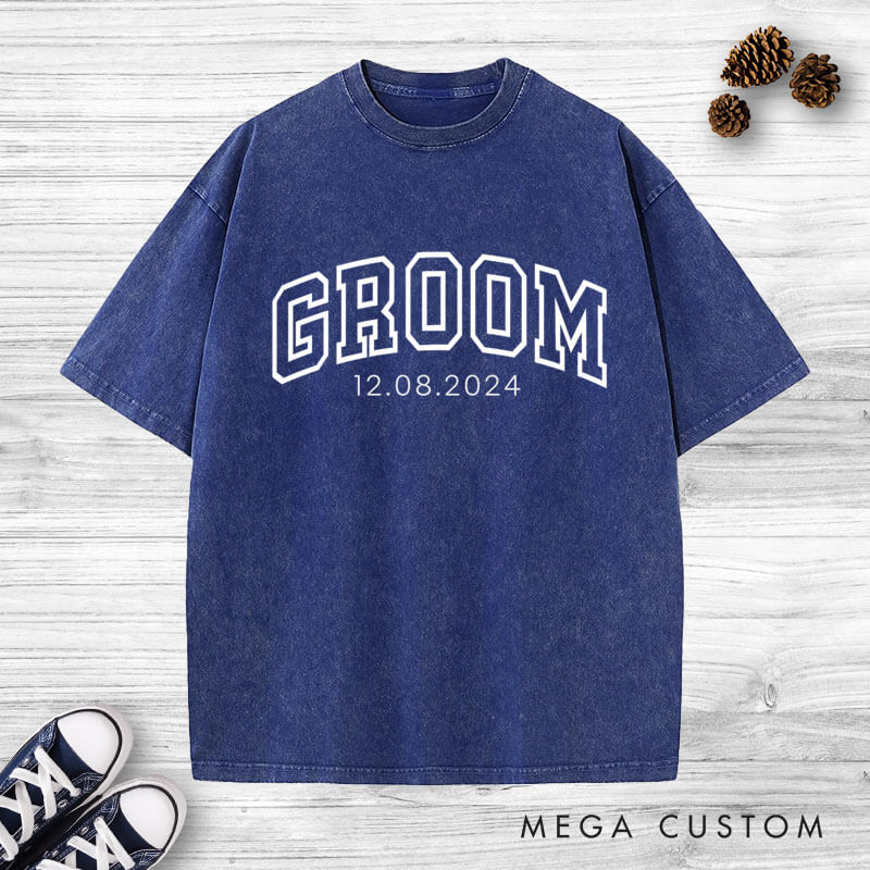 Personalized Varsity-Inspired Bride and Groom with Date Matching Wedding Couple Washed T-Shirt