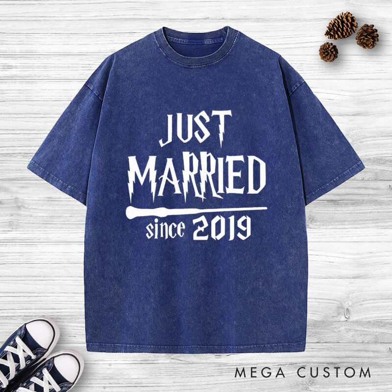Personalized Magical Just Married with Year Newlyweds Matching Wedding Couple Washed T-Shirt