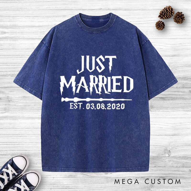 Personalized Just Married with Date Matching Wedding Couple Washed T-Shirt