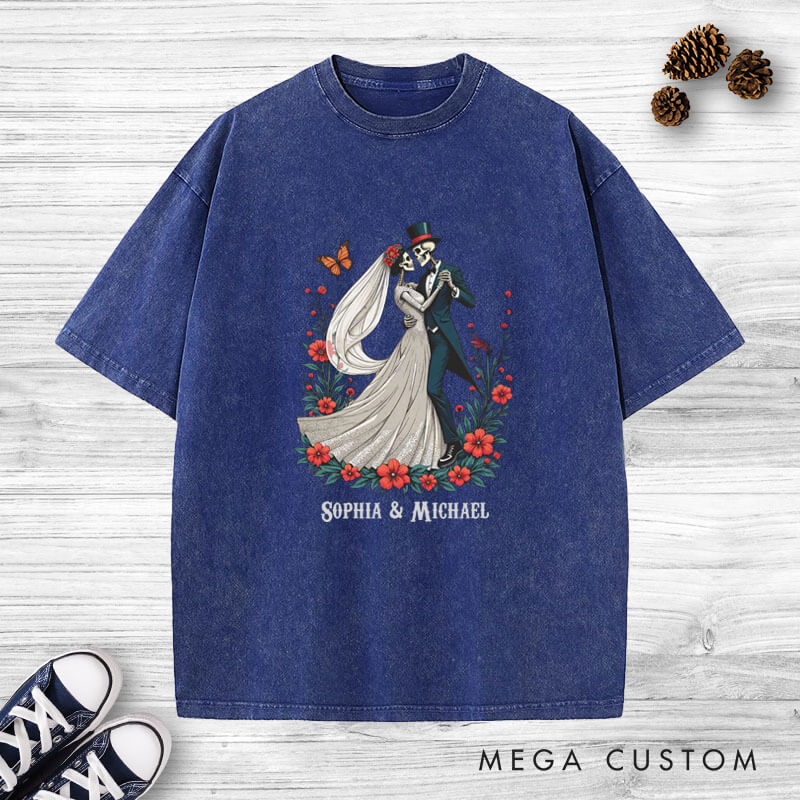 Personalized Romantic Dancing Skeleton Matching Wedding Couple Washed T-Shirt