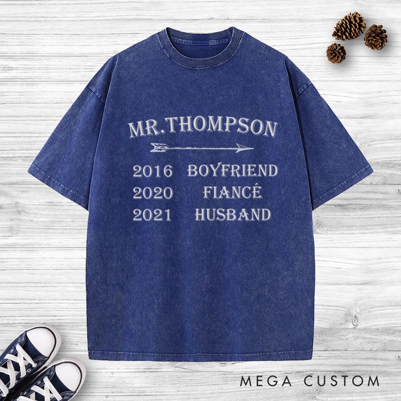 Personalized Mr and Mrs Milestone Journey with Arrow Matching Wedding Couple Washed T-Shirt