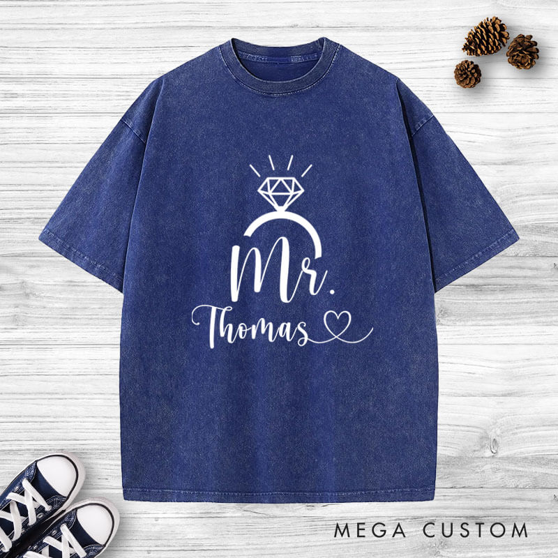 Personalized Elegant Mr and Mrs with Diamond Ring Wedding Couple Washed T-Shirt
