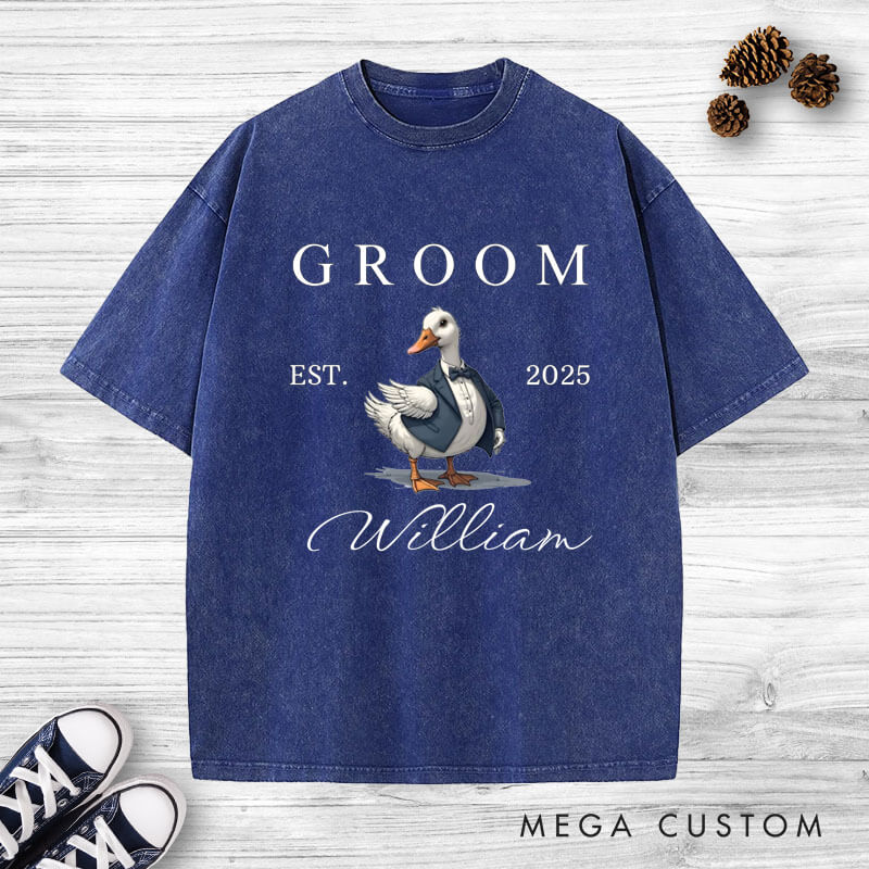 Personalized Bride and Groom Silly Goose Matching Wedding Couple Washed T-Shirt