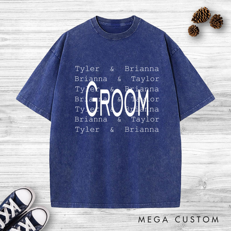 Personalized Modern Repetitive Text Bride and Groom Wedding Couple Washed T-Shirt