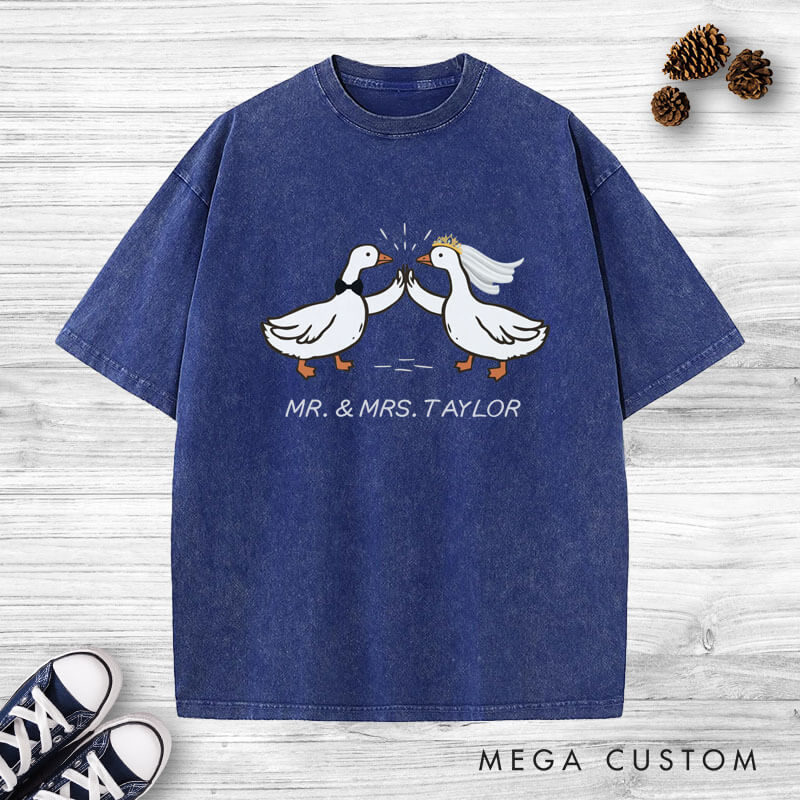 Personalized Mr and Mrs Silly Goose Bride and Groom Wedding Couple Washed T-Shirt