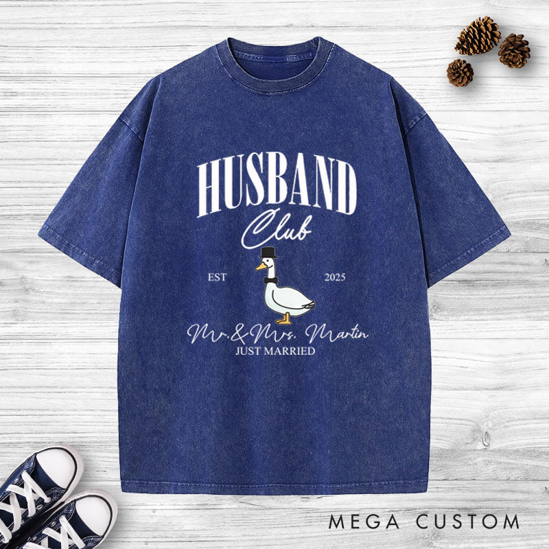 Personalized Just Married Husband and Wife Clubs Wedding Couple Washed T-Shirt