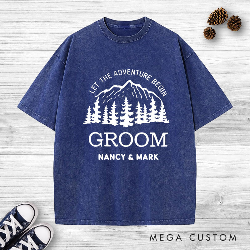Personalized Mountain Serene Let The Adventure Begin Bride and Groom Wedding Couple Washed T-Shirt