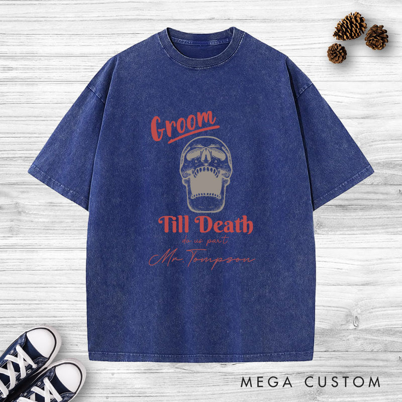 Personalized Vintage Til Death Do Us Part Skeleton Bride and Groom Matching Wedding Couple Washed T-Shirt