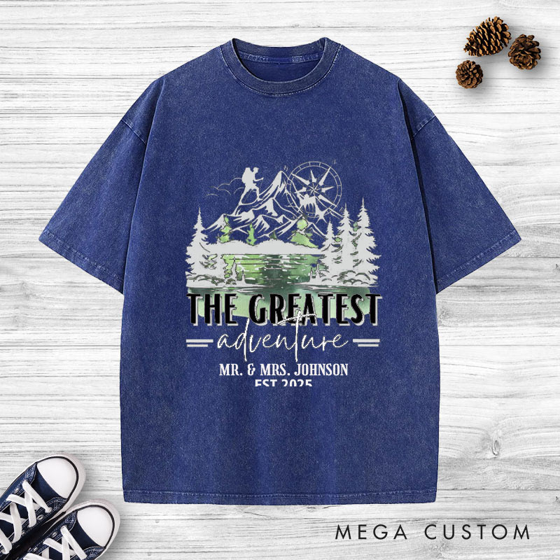 Personalized The Greatest Adventure Mr and Mrs Wedding Couple Washed T-Shirt