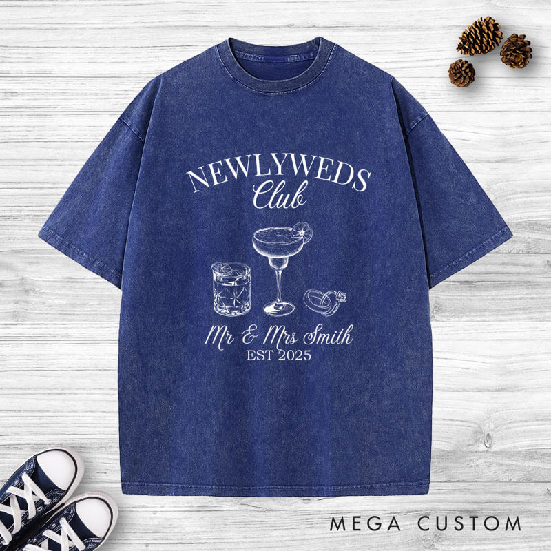 Personalized Rustic Newlyweds Club with Cocktails Mr and Mrs Wedding Couple Washed T-Shirt