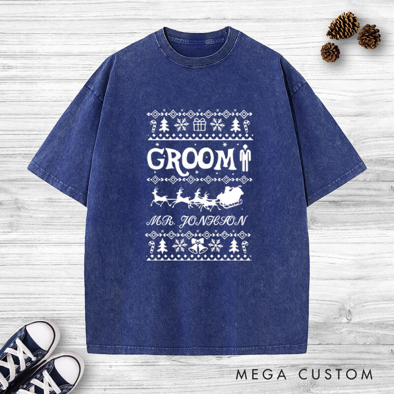 Personalized Christmas Bride and Groom with Reindeer and Sleighs Matching Wedding Couple Washed T-Shirt