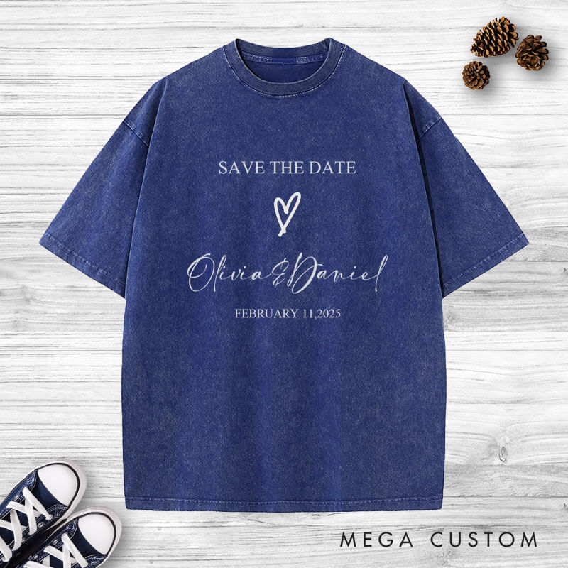 Personalized Save The Date with Your Names and Heart Wedding Couple Washed T-Shirt