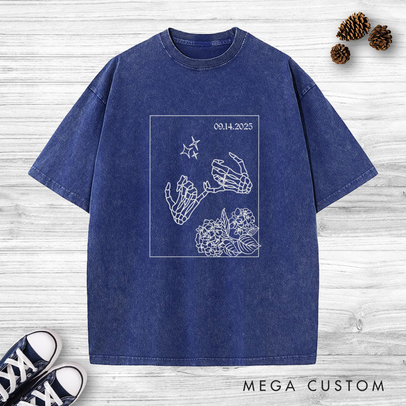 Personalized Unique Skeleton Finger Hooks and Floral Wedding Couple Washed T-Shirt