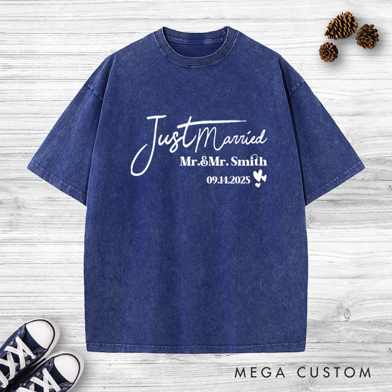 Personalized Elegant Just Married Mr and Mrs with Hearts Wedding Couple Washed T-Shirt
