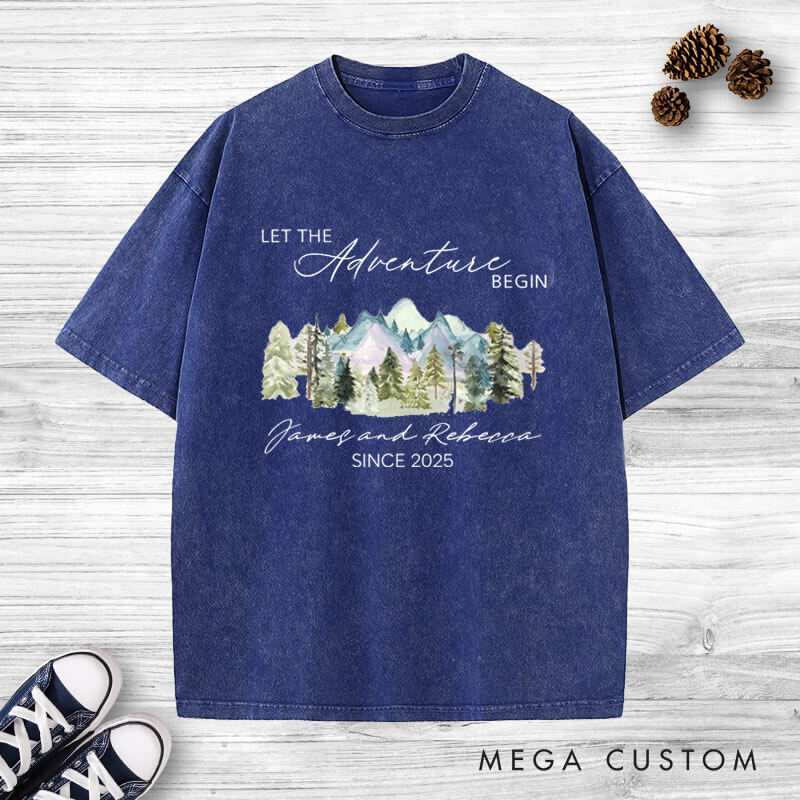 Personalized Mountain Scenic Let the Adventure Begin Newlyweds Wedding Couple Washed T-Shirt