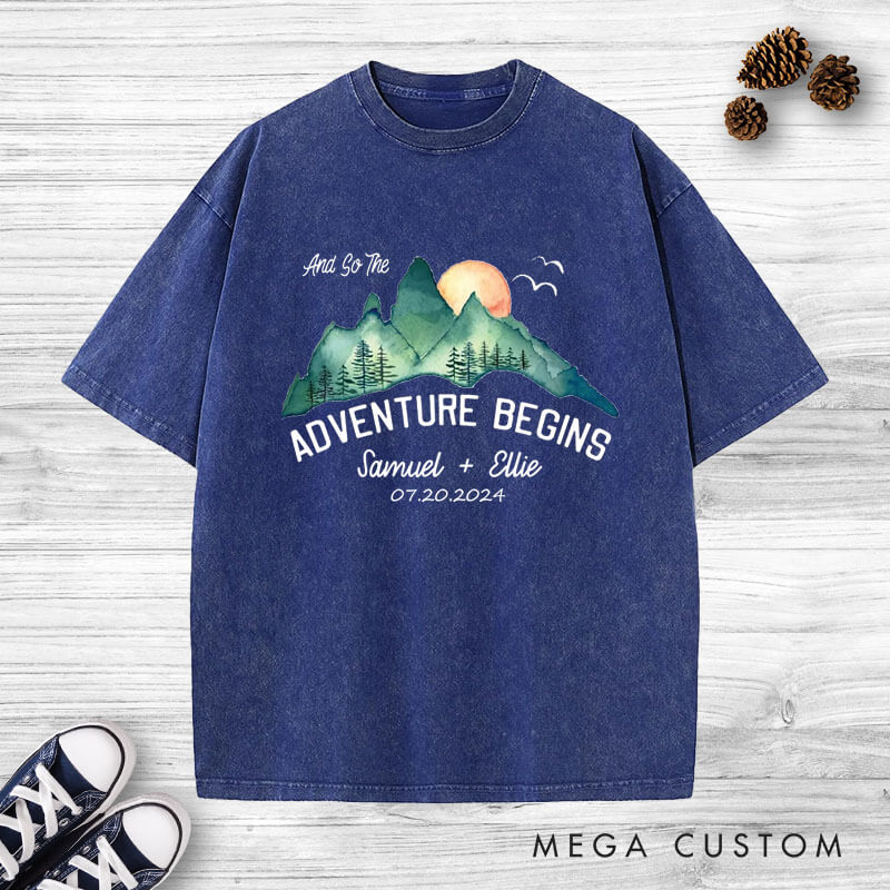 Personalized Scenic And So The Adventure Begins Newlyweds Wedding Couple Washed T-Shirt