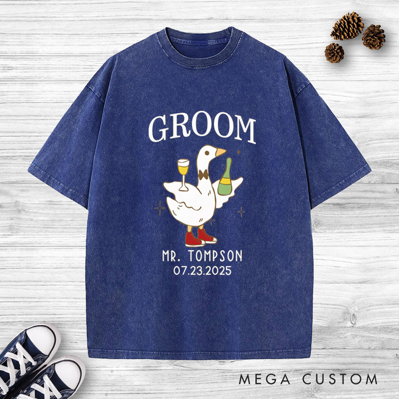 Personalized Lively Bride and Groom Silly Goose with Champagne Matching Wedding Couple Washed T-Shirt
