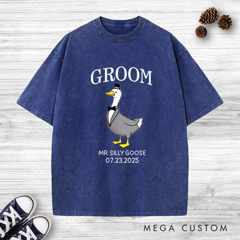 Personalized Bride and Groom Silly Goose Mr and Mrs Matching Wedding Couple Washed T-Shirt