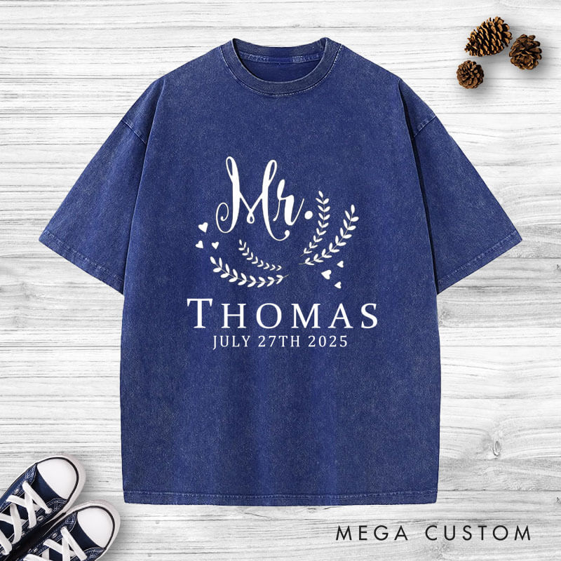 Personalized Graceful Mr and Mrs with Oliver Branches Matching Wedding Couple Washed T-Shirt