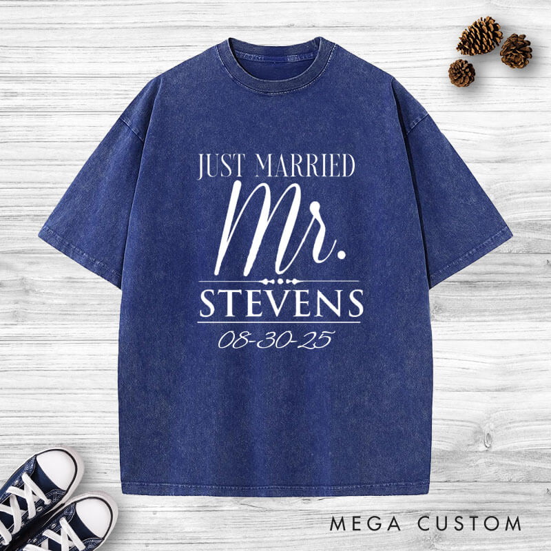 Personalized Elegant Just Married Mr and Mrs with Date Wedding Couple Washed T-Shirt