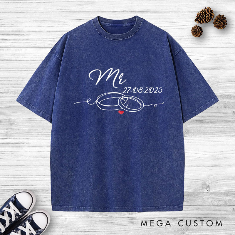 Personalized Elegant Mr and Mrs with Wedding Rings Matching Wedding Couple Washed T-Shirt