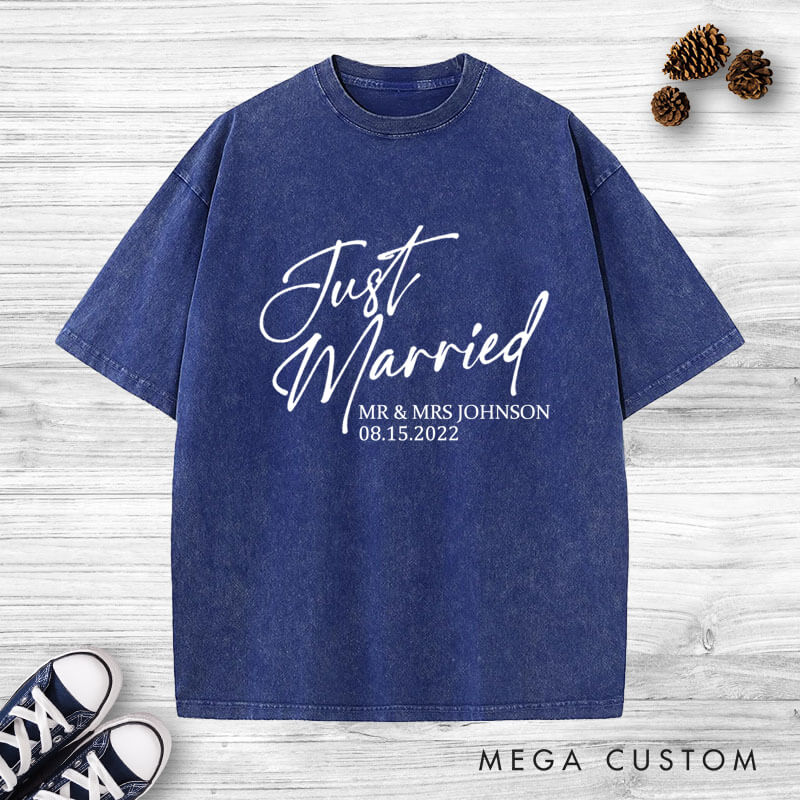 Personalized Modern Just Married Newlyweds Wedding Couple Washed T-Shirt