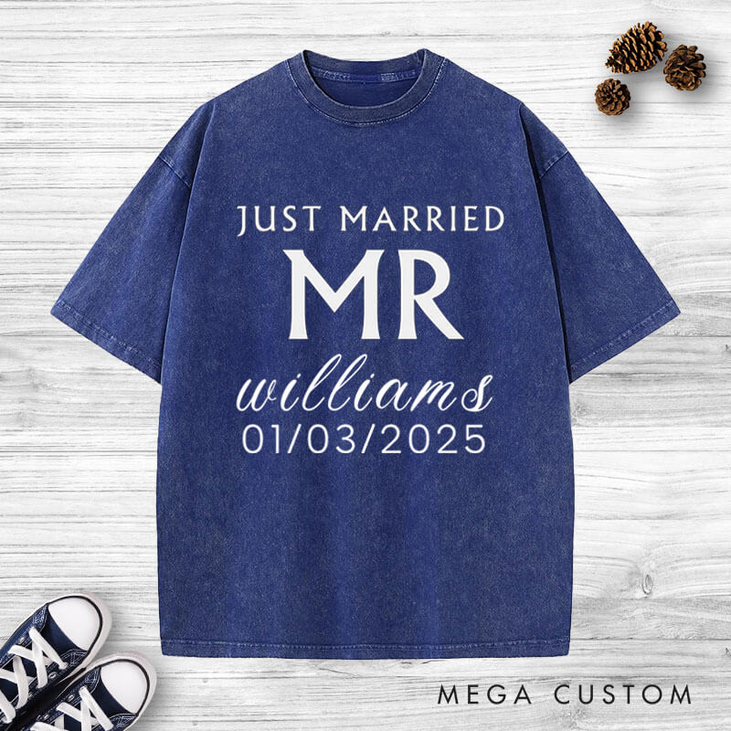 Personalized Minimalist Just Married Mr and Mrs Wedding Couple Washed T-Shirt