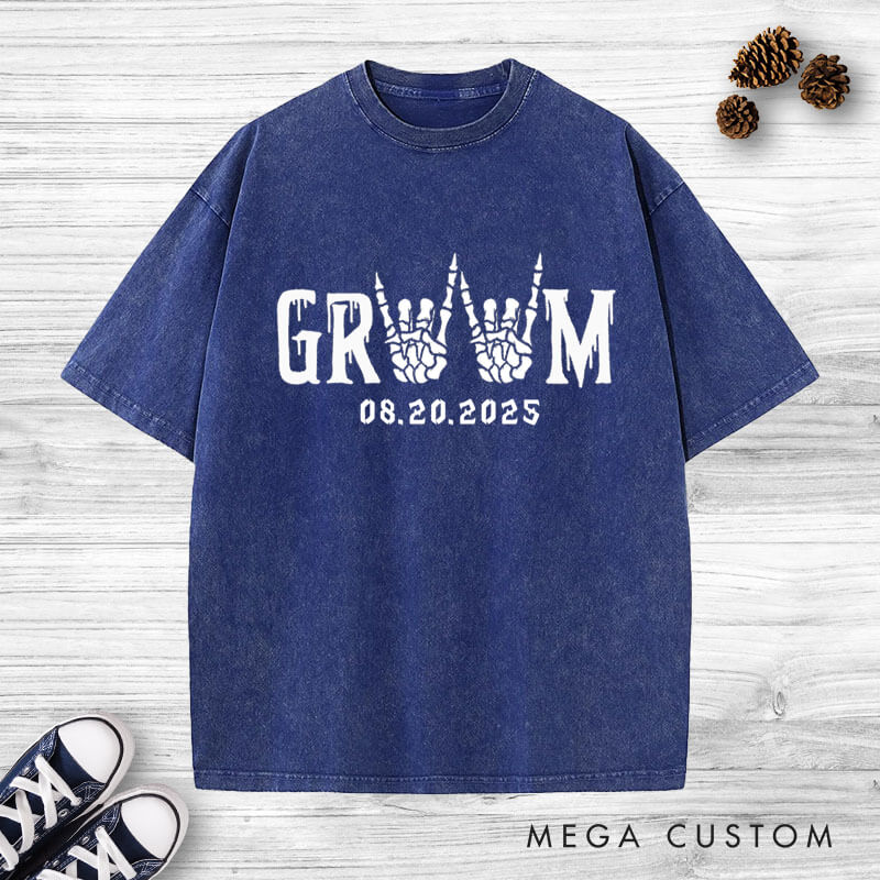 Personalized Funny Gesture Skeleton Bride and Groom Matching Wedding Couple Washed T-Shirt