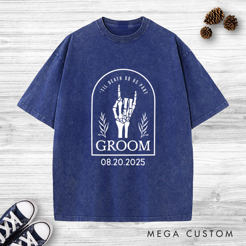 Personalized Skeleton Hand Gestures Garden Bride and Groom Matching Wedding Couple Washed T-Shirt