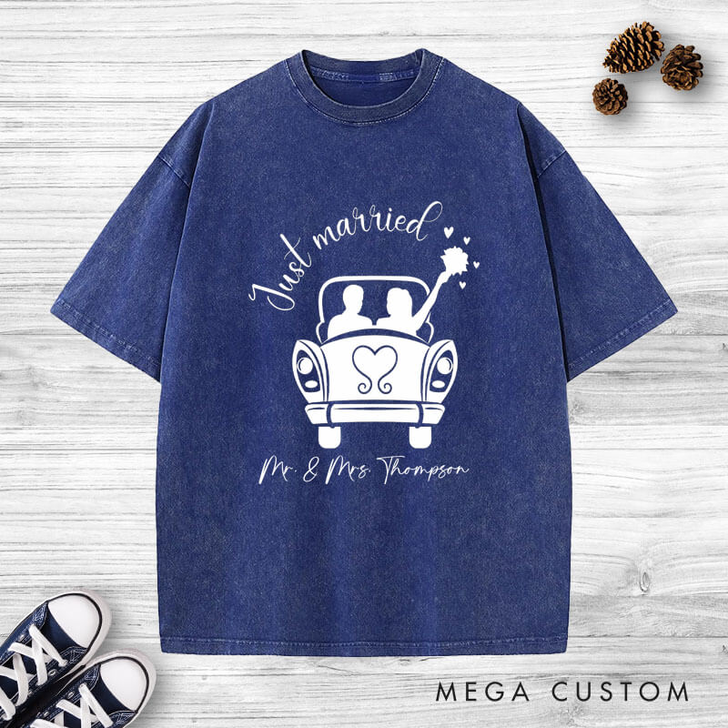 Personalized Romantic Just Married with Wedding Car Wedding Couple Washed T-Shirt