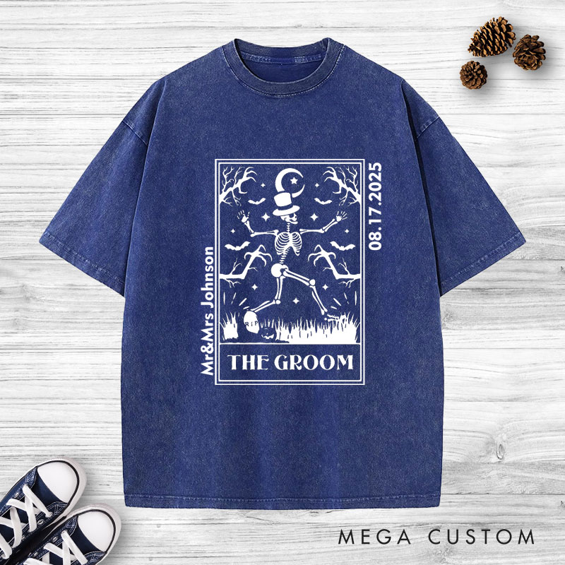 Personalized Whimsical Tarot Card Skeleton Bride and Groom Wedding Couple Washed T-Shirt