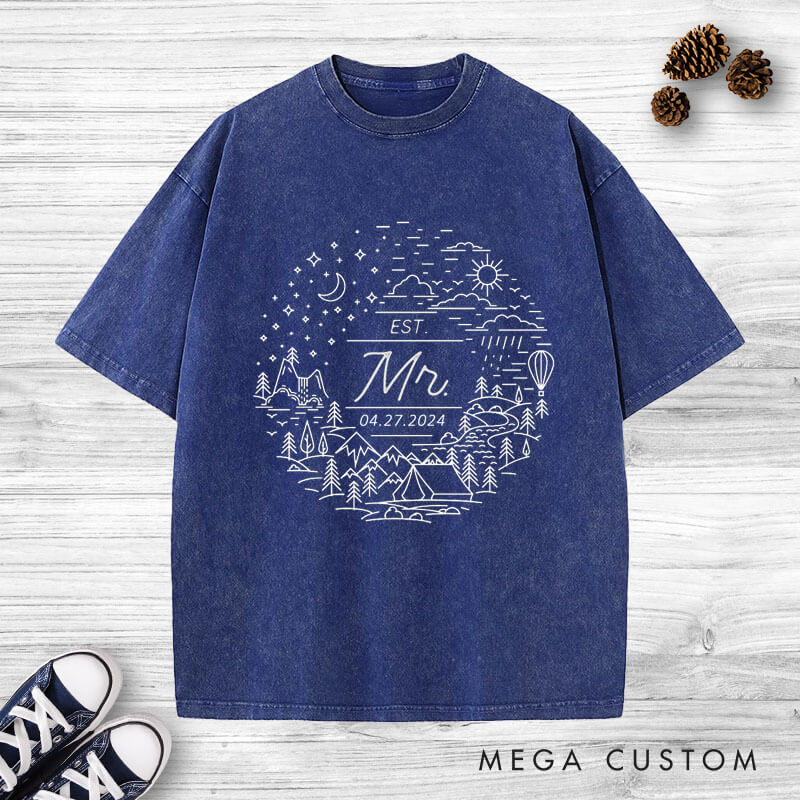 Personalized Charming Mr and Mrs Scenic Adventure Line Art Wedding Couple Washed T-Shirt