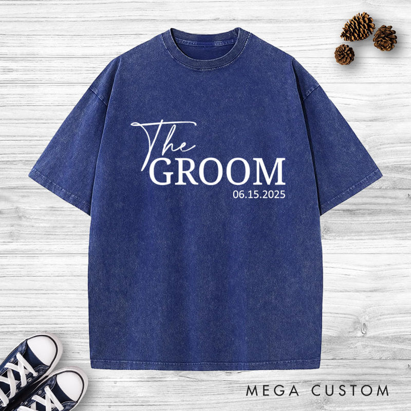 Personalized Minimalist The Bride and The Groom with Date Matching Wedding Couple Washed T-Shirt