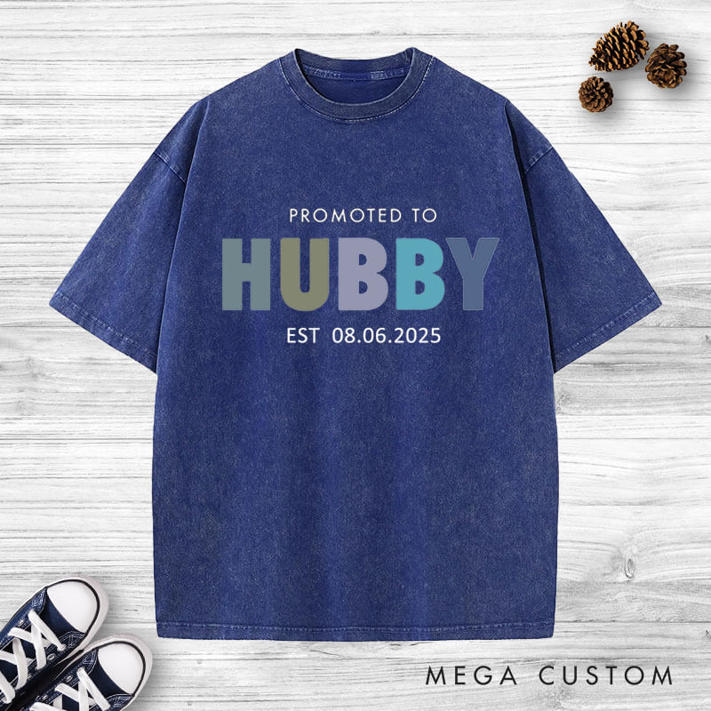 Personalized Playful Promoted to Hubby and Wifey Matching Wedding Couple Washed T-Shirt