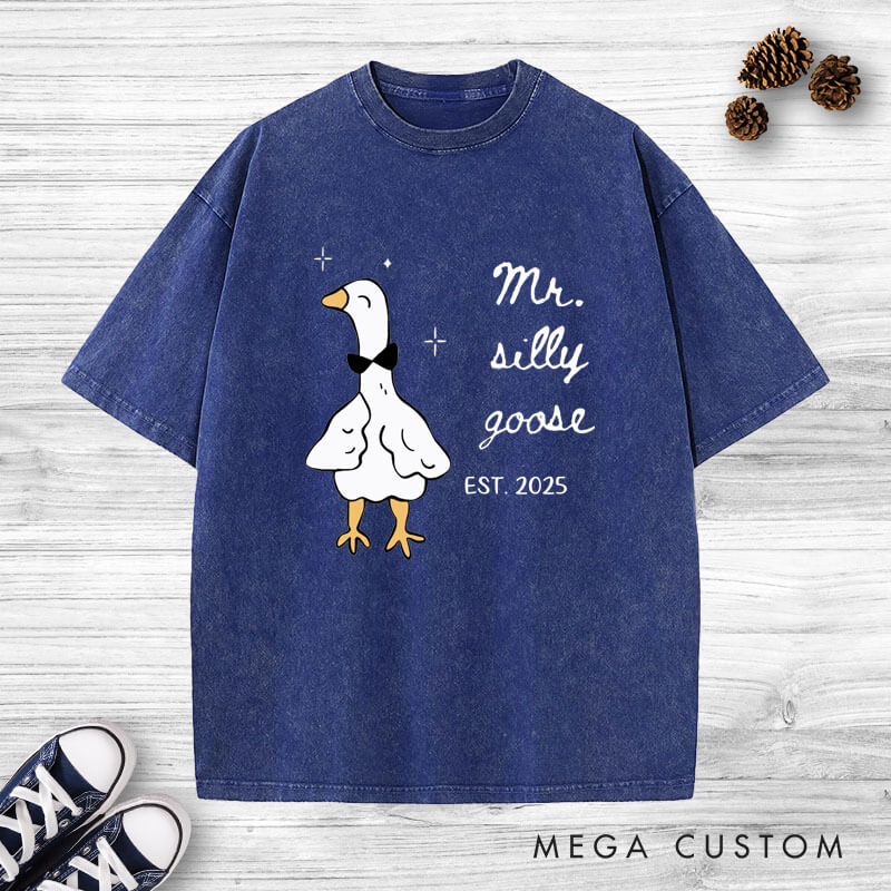 Personalized Funny Mr and Mrs Silly Goose Matching Wedding Couple Washed T-Shirt