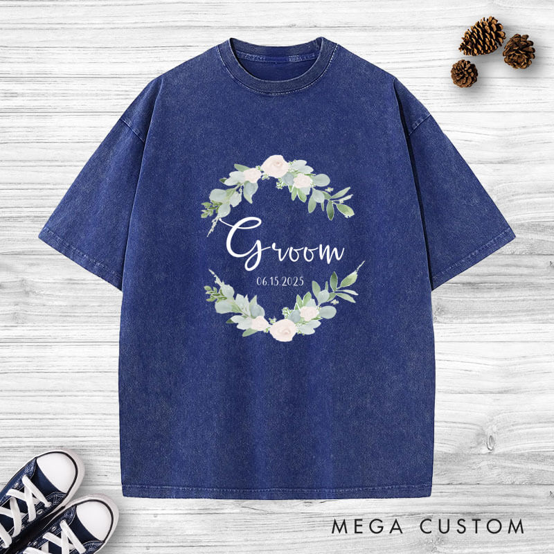 Personalized Elegant Floral Wreath Bride and Groom Matching Wedding Couple Washed T-Shirt