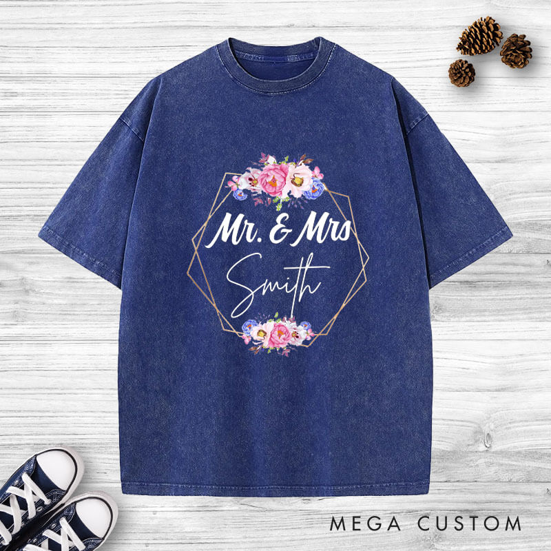 Personalized Geometric Frame with Watercolor Floral Mr and Mrs Wedding Couple Washed T-Shirt